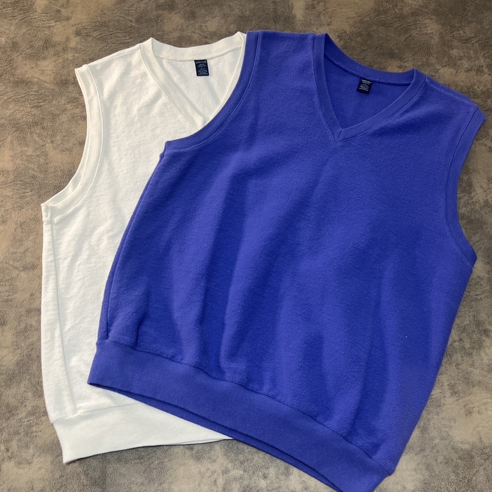 Lands End Sweater Lot of 2 Men's Size L Blue-White Made in USA Cotton V-Neck VTG